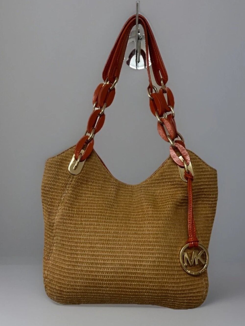 Michael Kors Womens Tan Orange Woven Leather Strap Inner Pockets Shoulder Bag🌸